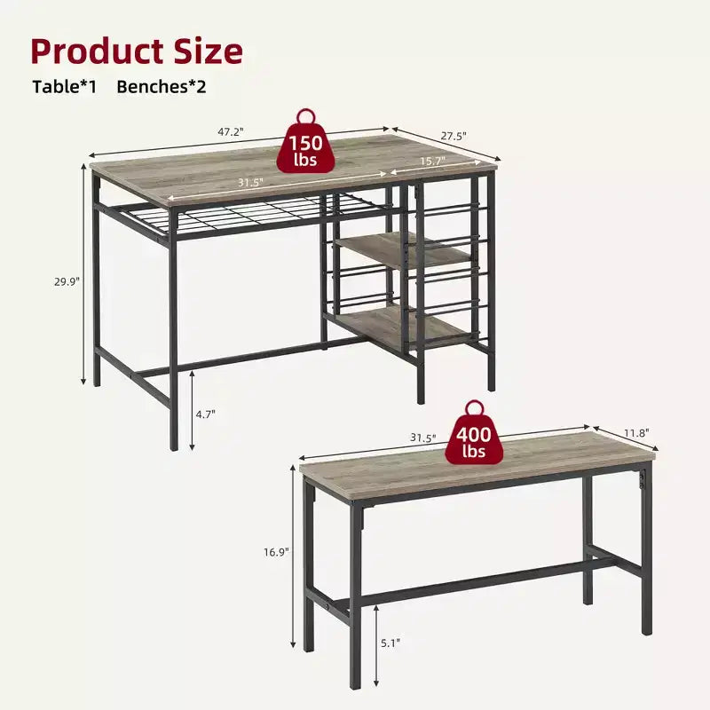 Set Tavolo da Pranzo CuisinSmart per 4 Persone, Tavolo da Cucina con 2 Panche, Set Tavolo da Sala da Pranzo con Portabottiglie, Marrone, Nero, Grigio