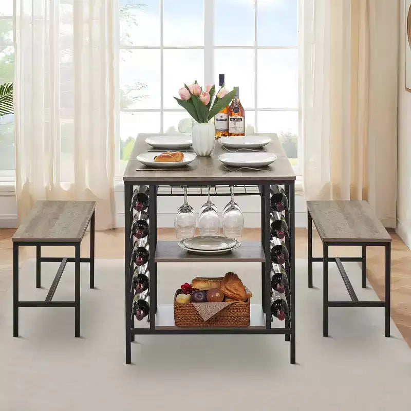 Set Tavolo da Pranzo CuisinSmart per 4 Persone, Tavolo da Cucina con 2 Panche, Set Tavolo da Sala da Pranzo con Portabottiglie, Marrone, Nero, Grigio