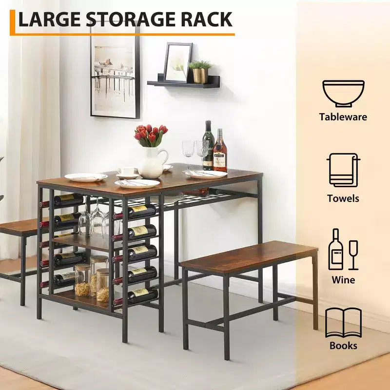 Set Tavolo da Pranzo CuisinSmart per 4 Persone, Tavolo da Cucina con 2 Panche, Set Tavolo da Sala da Pranzo con Portabottiglie, Marrone, Nero, Grigio