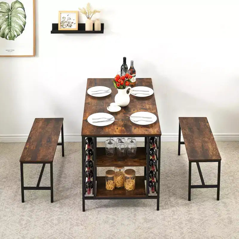 Set Tavolo da Pranzo CuisinSmart per 4 Persone, Tavolo da Cucina con 2 Panche, Set Tavolo da Sala da Pranzo con Portabottiglie, Marrone, Nero, Grigio