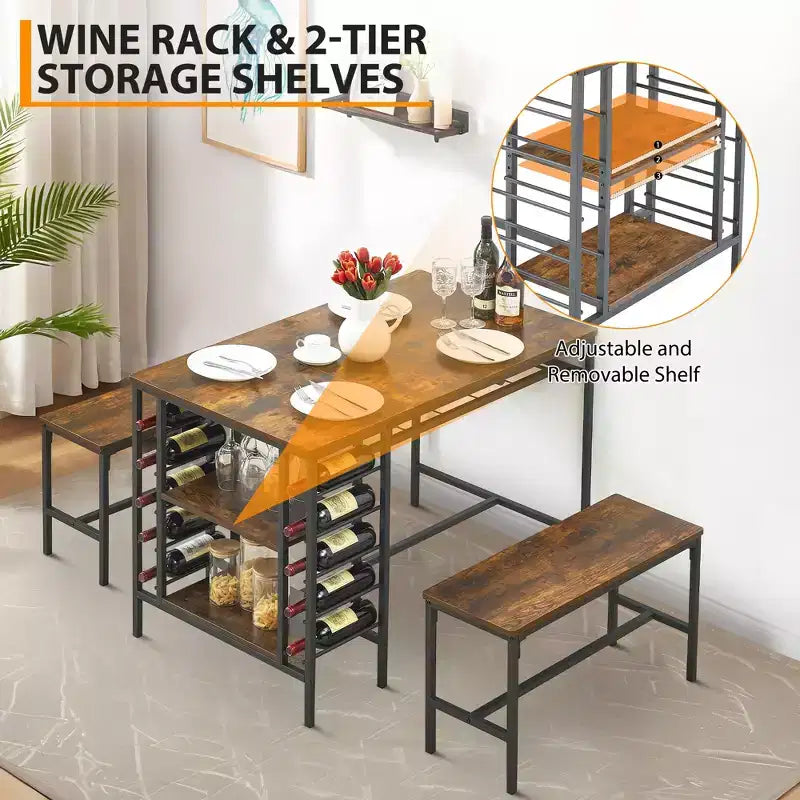 Set Tavolo da Pranzo CuisinSmart per 4 Persone, Tavolo da Cucina con 2 Panche, Set Tavolo da Sala da Pranzo con Portabottiglie, Marrone, Nero, Grigio