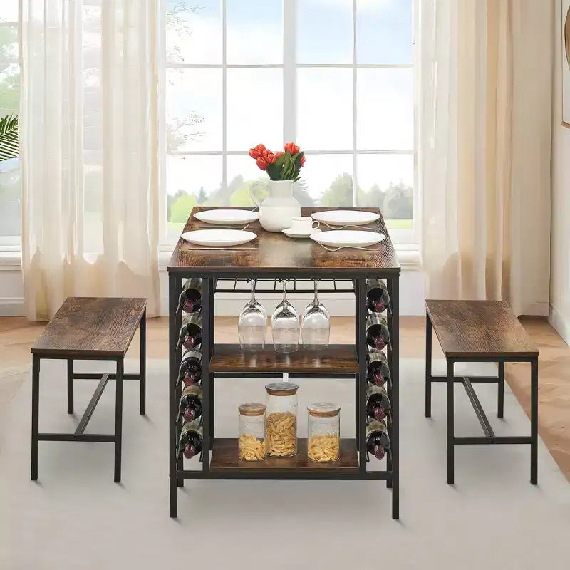 Set Tavolo da Pranzo CuisinSmart per 4 Persone, Tavolo da Cucina con 2 Panche, Set Tavolo da Sala da Pranzo con Portabottiglie, Marrone, Nero, Grigio