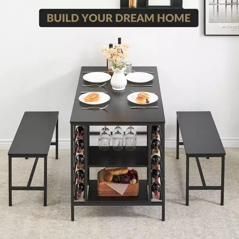 Set Tavolo da Pranzo CuisinSmart per 4 Persone, Tavolo da Cucina con 2 Panche, Set Tavolo da Sala da Pranzo con Portabottiglie, Marrone, Nero, Grigio