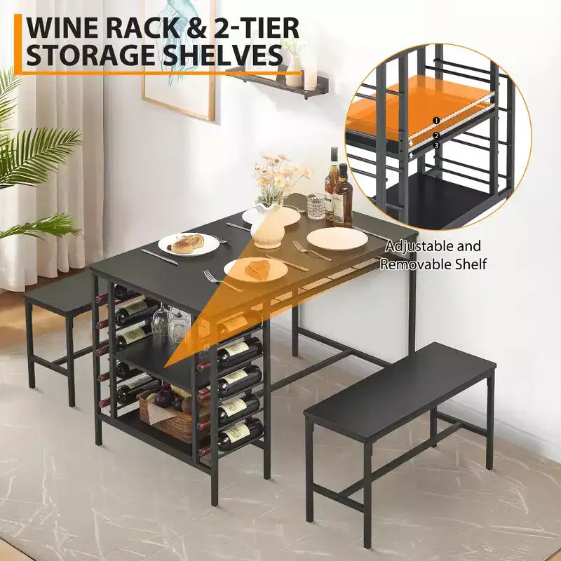 Set Tavolo da Pranzo CuisinSmart per 4 Persone, Tavolo da Cucina con 2 Panche, Set Tavolo da Sala da Pranzo con Portabottiglie, Marrone, Nero, Grigio