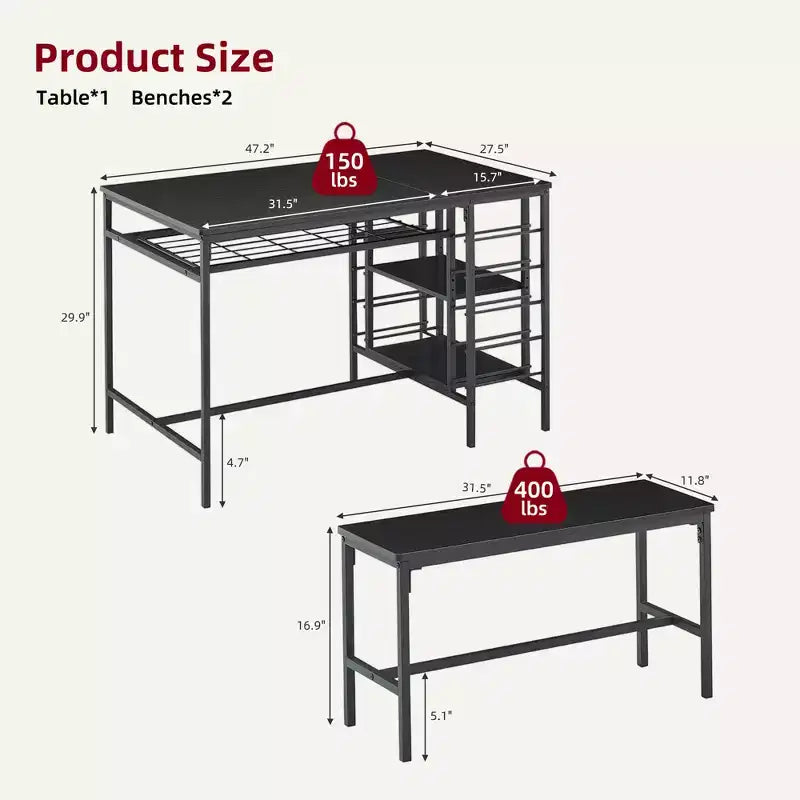 Set Tavolo da Pranzo CuisinSmart per 4 Persone, Tavolo da Cucina con 2 Panche, Set Tavolo da Sala da Pranzo con Portabottiglie, Marrone, Nero, Grigio