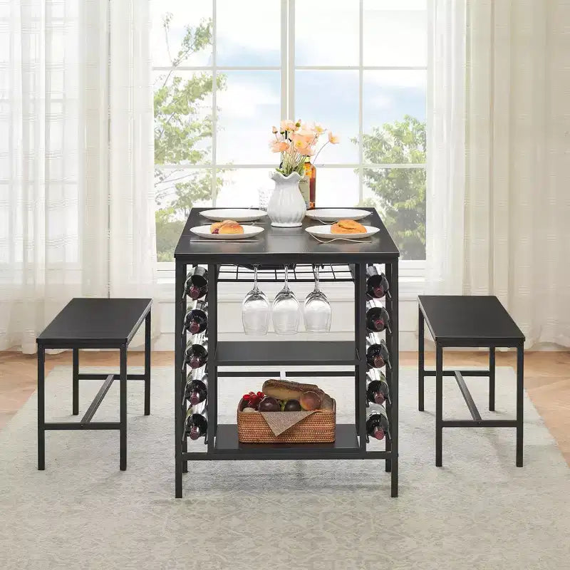 Set Tavolo da Pranzo CuisinSmart per 4 Persone, Tavolo da Cucina con 2 Panche, Set Tavolo da Sala da Pranzo con Portabottiglie, Marrone, Nero, Grigio