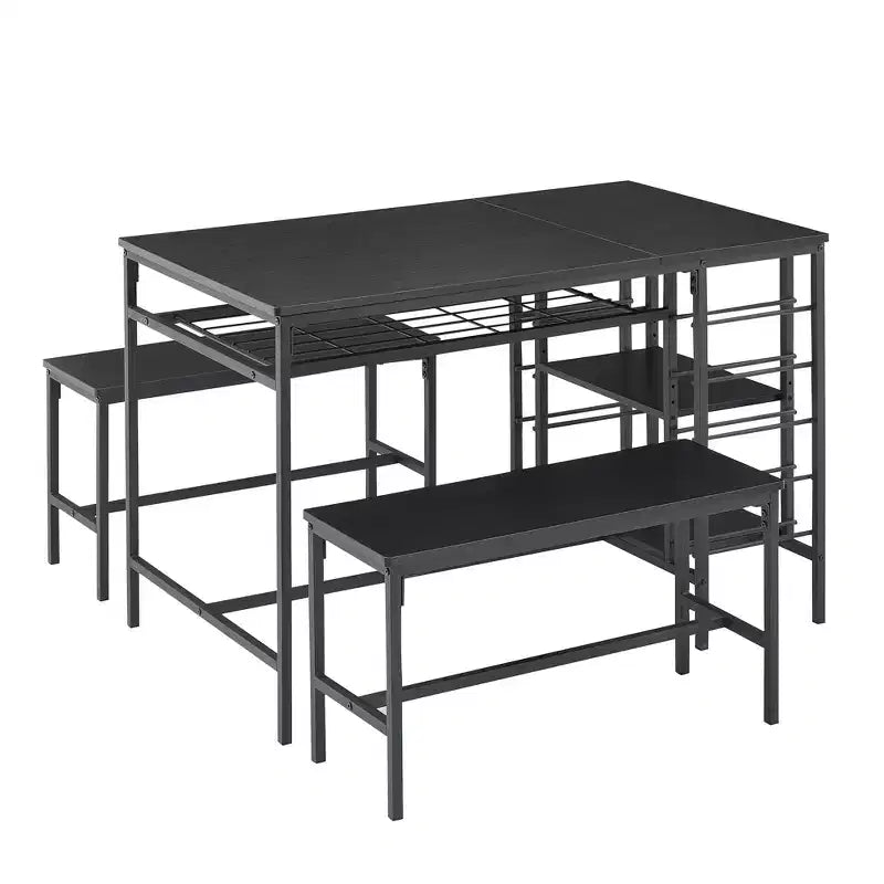 CuisinSmart Dining Table Set for 4 People, Kitchen Table with 2 Benches, Dining Room Table Set with Wine Rack, Brown, Black, Grey