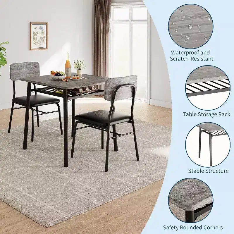 Set da pranzo in 3 pezzi per 2 persone, tavolo da cucina in legno con ripiano portaoggetti, 2 sedie imbottite, set da pranzo per piccoli spazi, appartamento