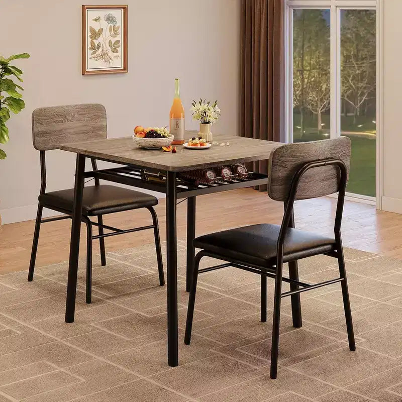 Set da pranzo in 3 pezzi per 2 persone, tavolo da cucina in legno con ripiano portaoggetti, 2 sedie imbottite, set da pranzo per piccoli spazi, appartamento