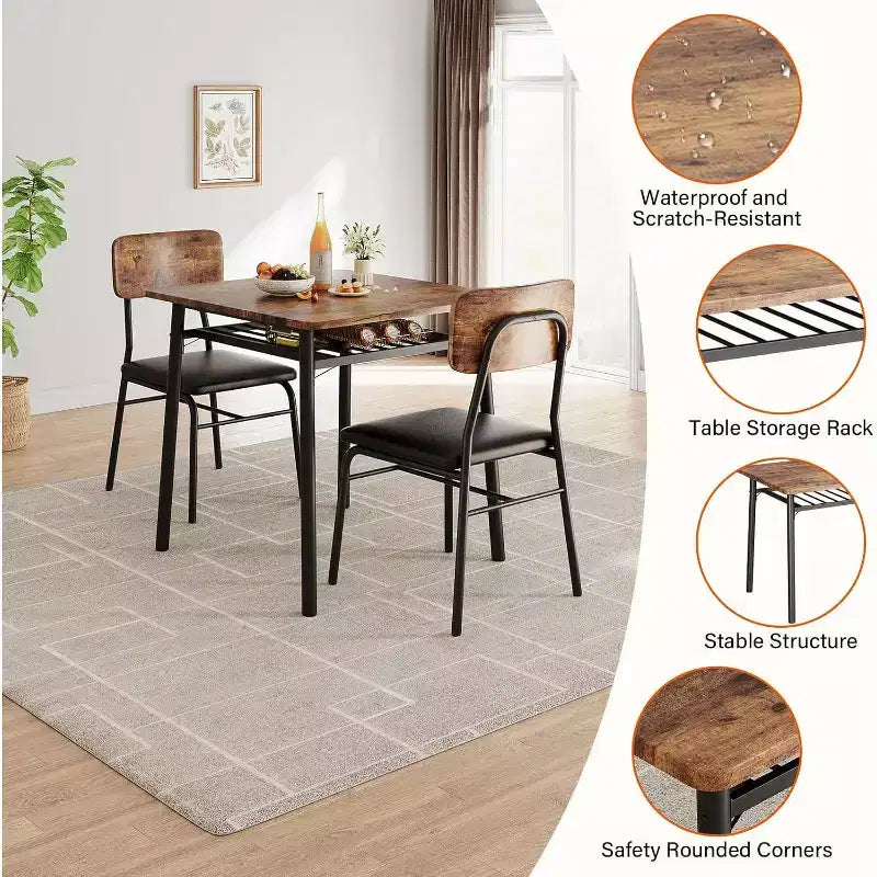 Set da pranzo in 3 pezzi per 2 persone, tavolo da cucina in legno con ripiano portaoggetti, 2 sedie imbottite, set da pranzo per piccoli spazi, appartamento