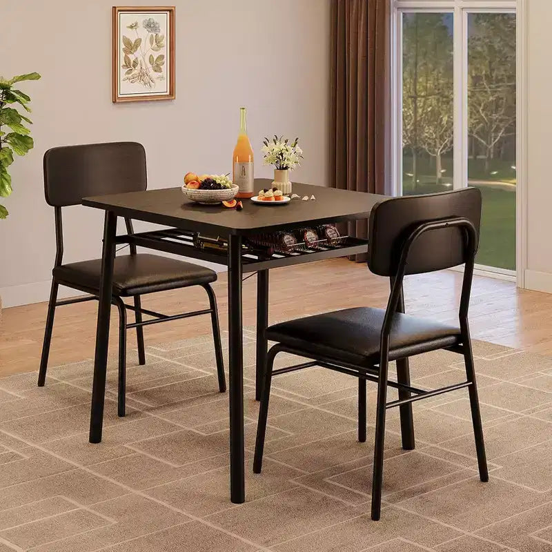 Set da pranzo in 3 pezzi per 2 persone, tavolo da cucina in legno con ripiano portaoggetti, 2 sedie imbottite, set da pranzo per piccoli spazi, appartamento