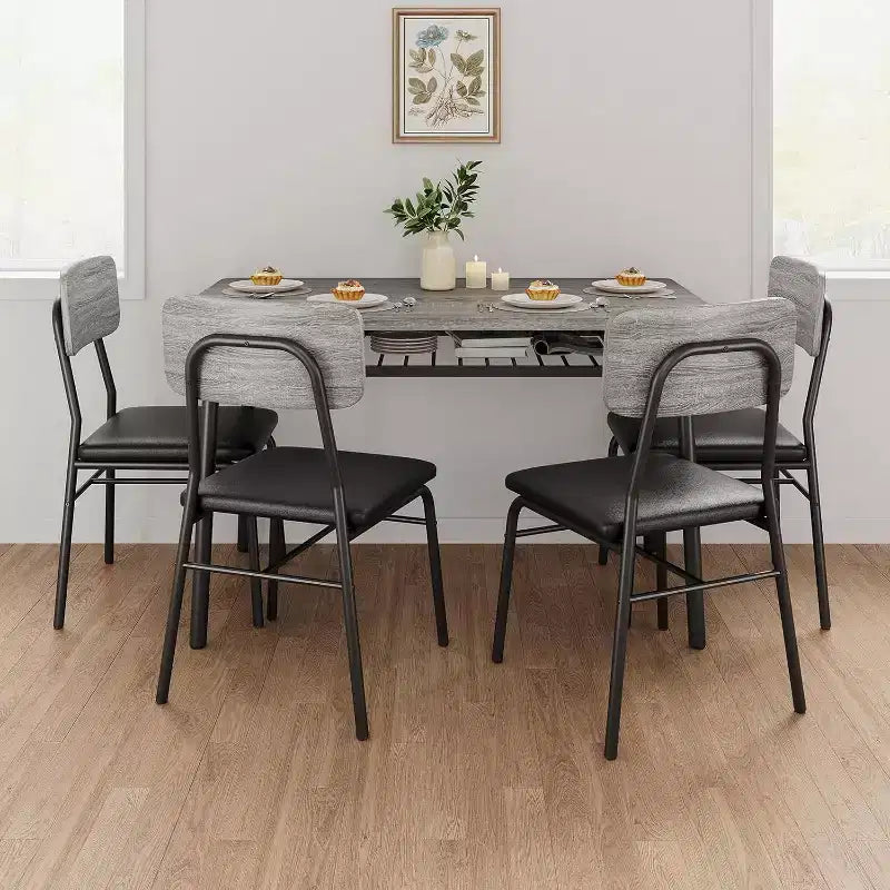 Set da 5 Pezzi per Sala da Pranzo per 4 Persone, Tavolo da Cucina in Legno con Scaffale Contenitore, 4 Sedie Imbottite, Set da Pranzo per Piccoli Spazi, Appartamento