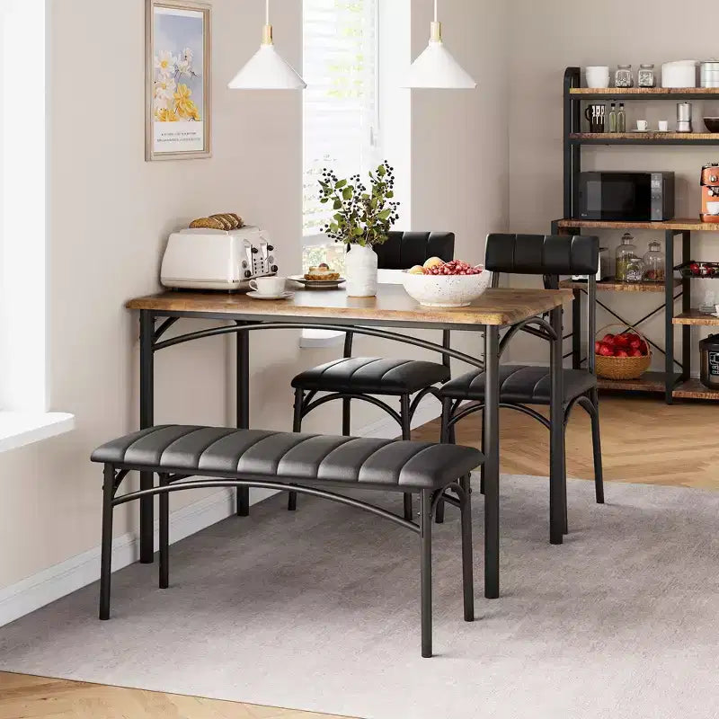 Set da pranzo per 4, tavolo da cucina con 2 sedie imbottite e 1 panca, set tavolo da pranzo rettangolare in legno e sedie per piccoli spazi