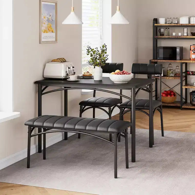 Set da pranzo per 4, tavolo da cucina con 2 sedie imbottite e 1 panca, set tavolo da pranzo rettangolare in legno e sedie per piccoli spazi
