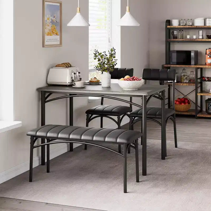 Set da pranzo per 4, tavolo da cucina con 2 sedie imbottite e 1 panca, set tavolo da pranzo rettangolare in legno e sedie per piccoli spazi