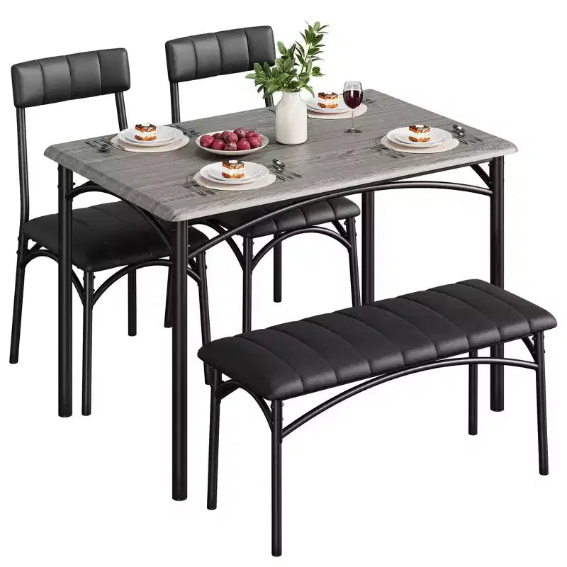 Set da pranzo per 4, tavolo da cucina con 2 sedie imbottite e 1 panca, set tavolo da pranzo rettangolare in legno e sedie per piccoli spazi