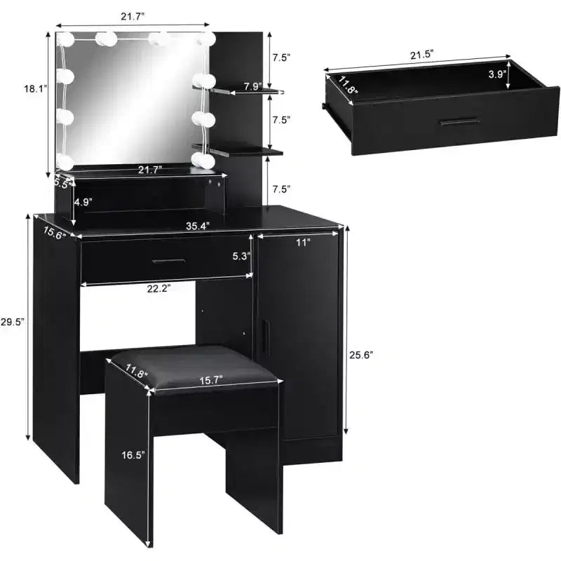 Karl Home | Toeletta con specchio LED nero, illuminazione regolabile, sgabello imbottito e ampio spazio contenitore