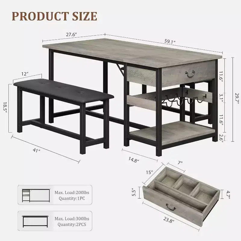 Set da pranzo CuisinSmart per 4, set da pranzo con 2 panche imbottite, set da sala da pranzo salvaspazio con cassetti portaoggetti e portabottiglie