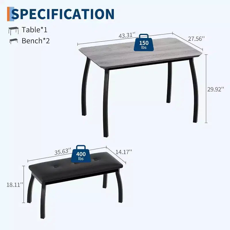 Set da pranzo da 3 pezzi, tavolo da cucina rettangolare in legno con 2 panche imbottite, set dinette salvaspazio in stile rustico