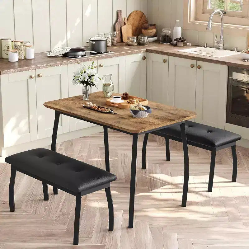 Set da pranzo da 3 pezzi, tavolo da cucina rettangolare in legno con 2 panche imbottite, set dinette salvaspazio in stile rustico