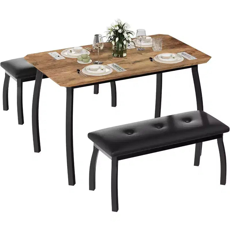 Set da pranzo da 3 pezzi, tavolo da cucina rettangolare in legno con 2 panche imbottite, set dinette salvaspazio in stile rustico