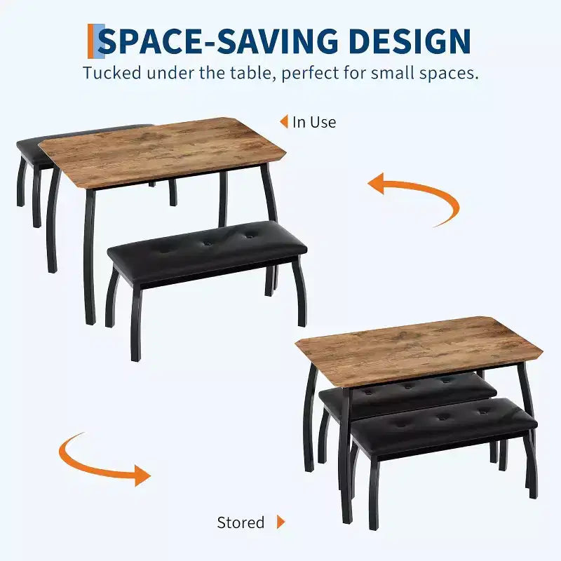 Set da pranzo da 3 pezzi, tavolo da cucina rettangolare in legno con 2 panche imbottite, set dinette salvaspazio in stile rustico