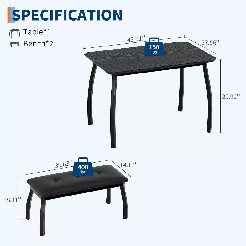 Set da pranzo da 3 pezzi, tavolo da cucina rettangolare in legno con 2 panche imbottite, set dinette salvaspazio in stile rustico