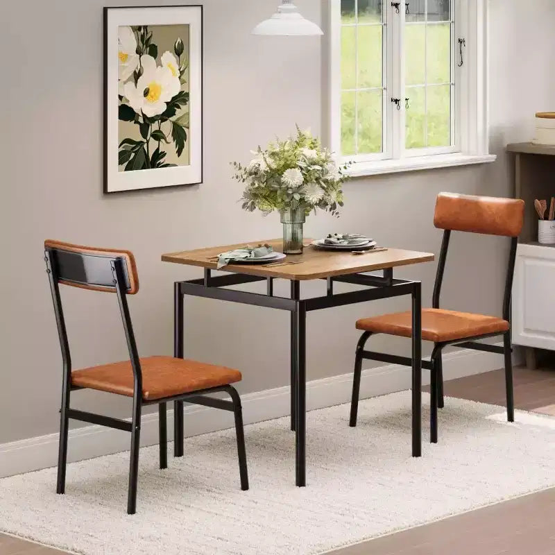 Set da pranzo industriale marrone da 3 pezzi per 2 persone con sedie imbottite in PU, tavolo da cucina con struttura in metallo salvaspazio per piccoli ambienti