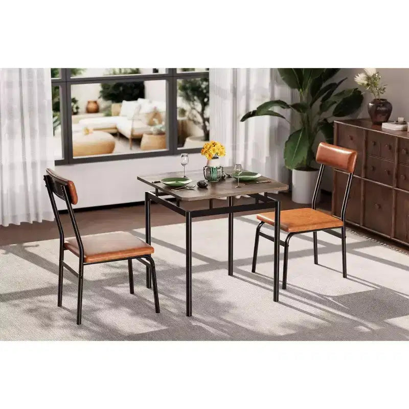 Set da pranzo industriale marrone da 3 pezzi per 2 persone con sedie imbottite in PU, tavolo da cucina con struttura in metallo salvaspazio per piccoli ambienti