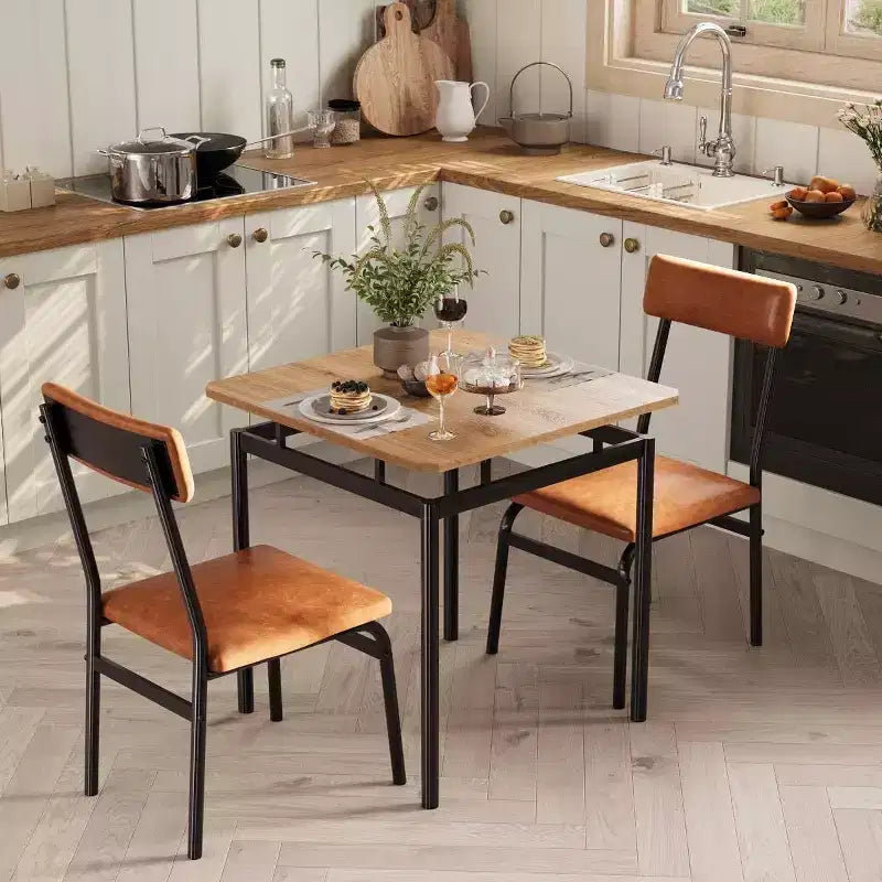 Set da pranzo industriale marrone da 3 pezzi per 2 persone con sedie imbottite in PU, tavolo da cucina con struttura in metallo salvaspazio per piccoli ambienti