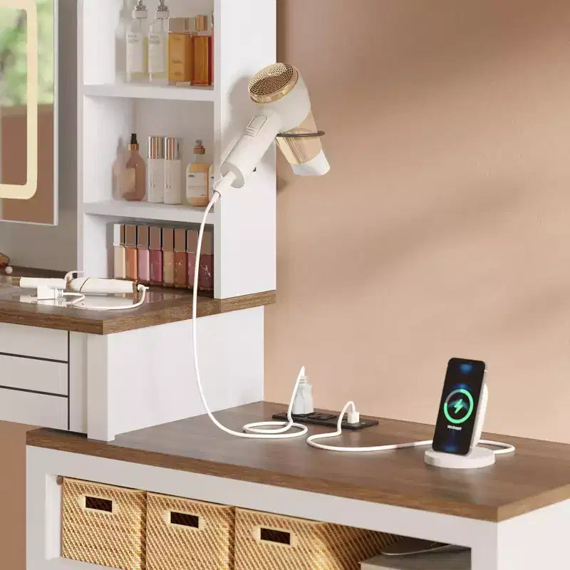 GustoWave Toeletta da Trucco con Piano in Vetro e Stazione di Ricarica, Specchio Touch Screen e Luci, Toeletta Trucco con 5 Cassetti, 6 Ripiani Aperti, Antico