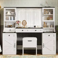 Whisen Farmhouse Makeup Vanity Table with LED Touch Mirror, Cushioned Storage Stool, Glass Top, Charging Station and Ample Storage Space - White
