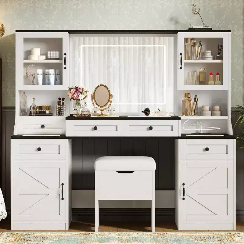 Whisen Farmhouse Makeup Vanity Table with LED Touch Mirror, Cushioned Storage Stool, Glass Top, Charging Station and Ample Storage Space - White