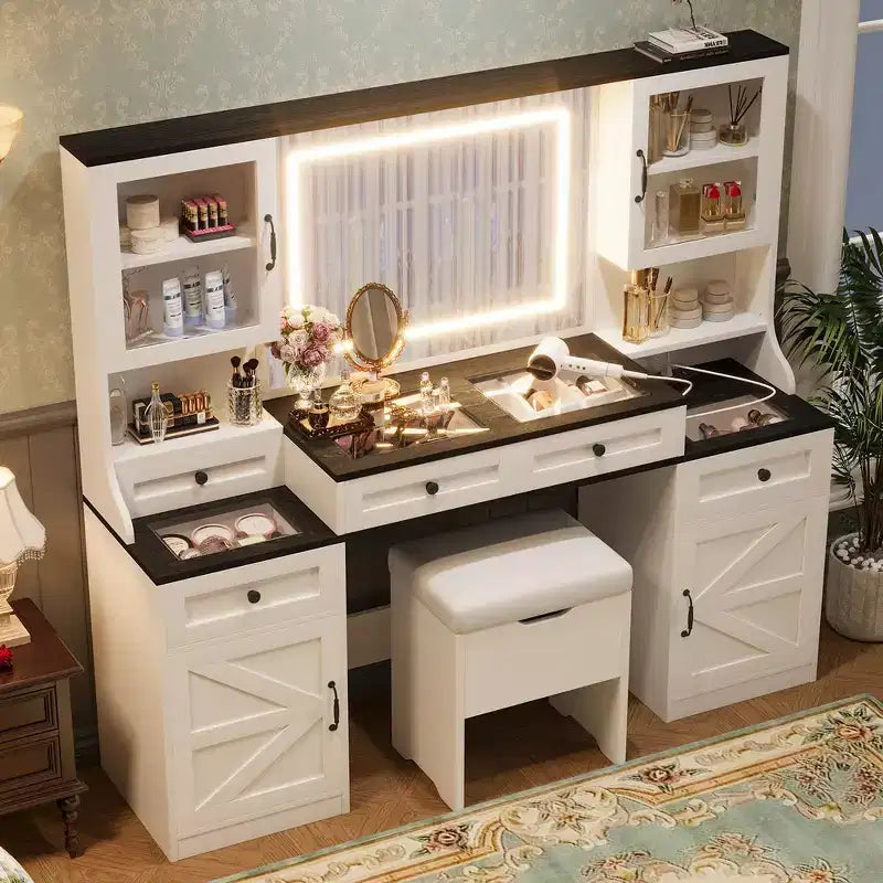 Whisen Tavolo da Trucco con Specchio Touch LED, Sgabello Imbottito con Contenitore, Piano in Vetro, Stazione di Ricarica e Ampio Spazio di Archiviazione - Bianco