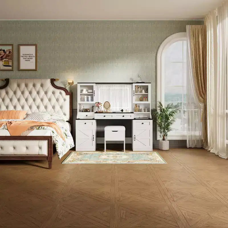 Whisen Tavolo da Trucco con Specchio Touch LED, Sgabello Imbottito con Contenitore, Piano in Vetro, Stazione di Ricarica e Ampio Spazio di Archiviazione - Bianco