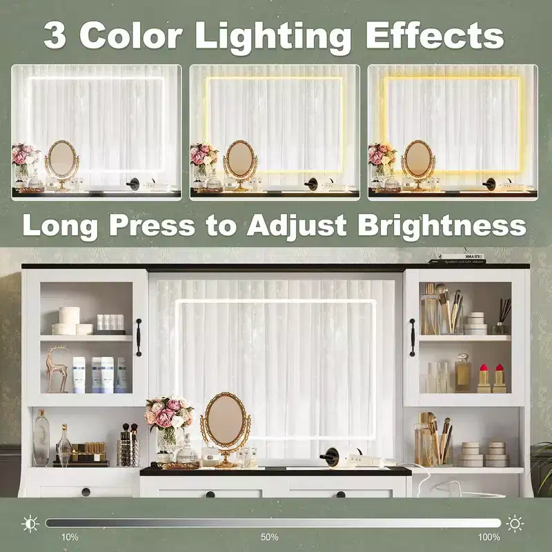 Whisen Tavolo da Trucco con Specchio Touch LED, Sgabello Imbottito con Contenitore, Piano in Vetro, Stazione di Ricarica e Ampio Spazio di Archiviazione - Bianco