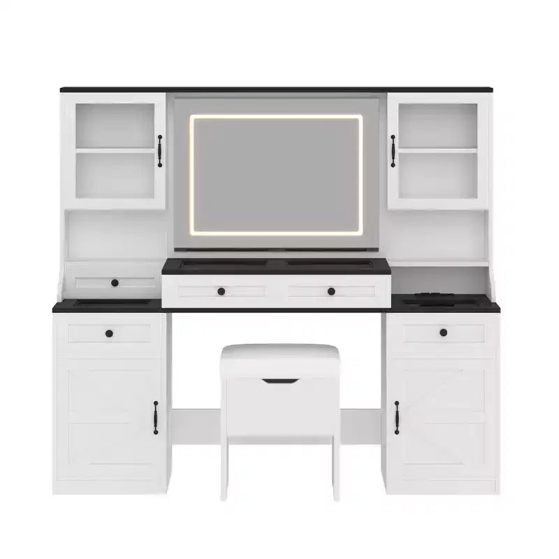 Whisen Tavolo da Trucco con Specchio Touch LED, Sgabello Imbottito con Contenitore, Piano in Vetro, Stazione di Ricarica e Ampio Spazio di Archiviazione - Bianco