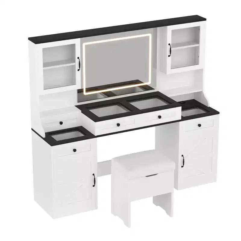 Whisen Tavolo da Trucco con Specchio Touch LED, Sgabello Imbottito con Contenitore, Piano in Vetro, Stazione di Ricarica e Ampio Spazio di Archiviazione - Bianco