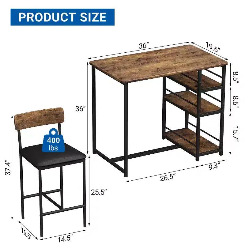 Tavolo da Cucina Altezza Bancone con 2 Sgabelli Imbottiti, Set Tavolo da Pranzo e Sedie in Legno per 2 con Ripiani, per Spazi Piccoli, Appartamento