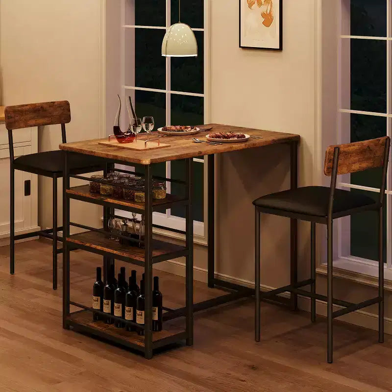 Tavolo da Cucina Altezza Bancone con 2 Sgabelli Imbottiti, Set Tavolo da Pranzo e Sedie in Legno per 2 con Ripiani, per Spazi Piccoli, Appartamento