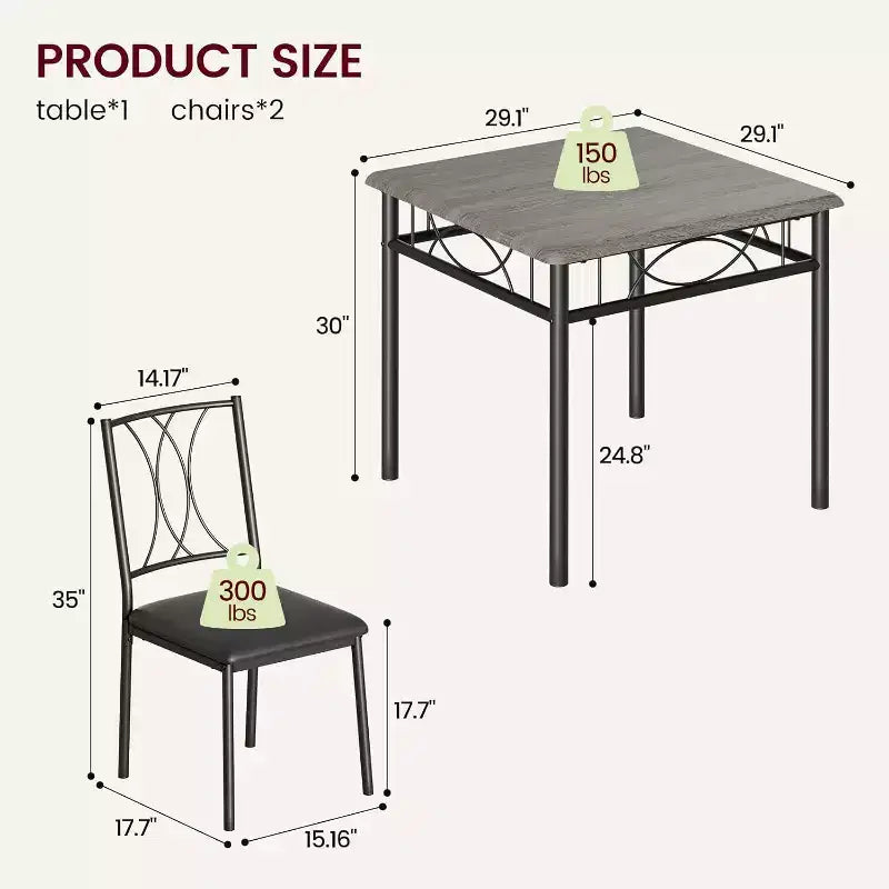 Set da pranzo Acekool Square per 2 persone, tavolo da cucina salvaspazio da 3 pezzi e sedie imbottite, per piccoli appartamenti