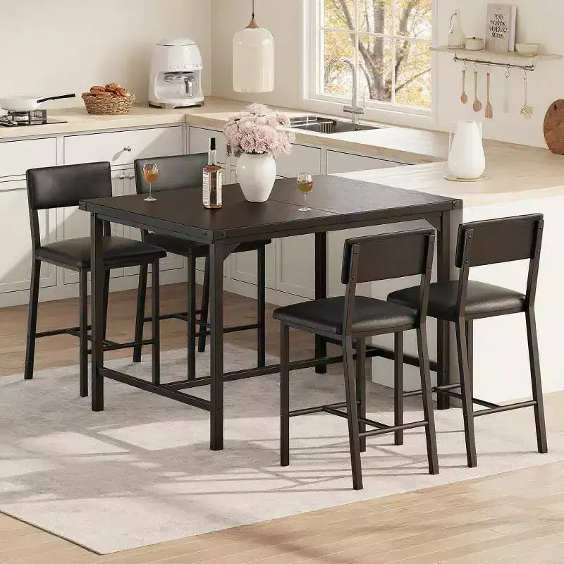 Dining Table Set, Counter Height Table with 4 Upholstered Bar Stools