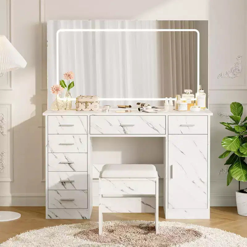 Toeletta Trucco con Specchio a LED a 3 Modalità e Prese di Ricarica, Grande Scrivania da Trucco con 7 Cassetti e Mobile Contenitore, Tavolo da Toeletta Moderno