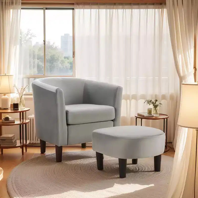 Poltrona in velluto con pouf, poltrona a barilotto moderna per soggiorno, camera da letto
