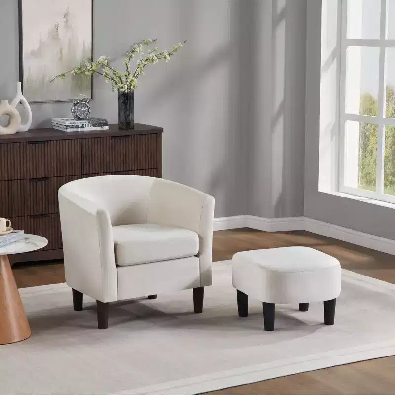 Poltrona in velluto con pouf, poltrona a barilotto moderna per soggiorno, camera da letto