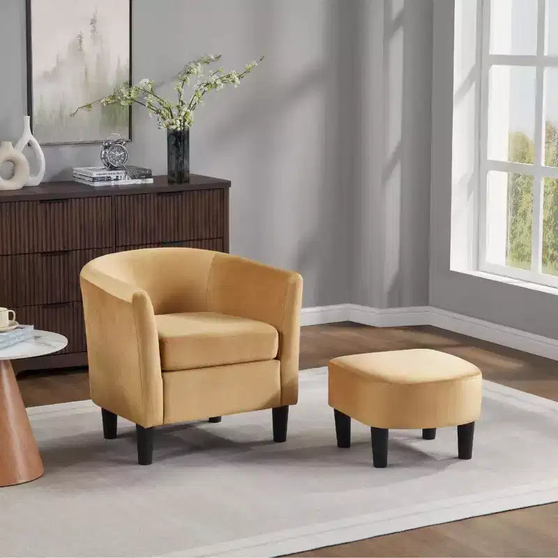 Poltrona in velluto con pouf, poltrona a barilotto moderna per soggiorno, camera da letto