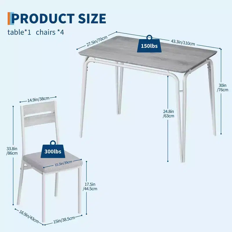 Set da pranzo 5 pezzi per 4 persone, tavolo quadrato compatto con sedie, piano robusto in MDF, struttura in metallo, set colazione salvaspazio