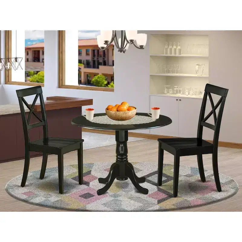 HomeStock Belmont 3Pc Round 42 Inch Dining Table With Two 9-Inch Drop Leaves And A Pair Of Wood Seat Dining Chairs, Black