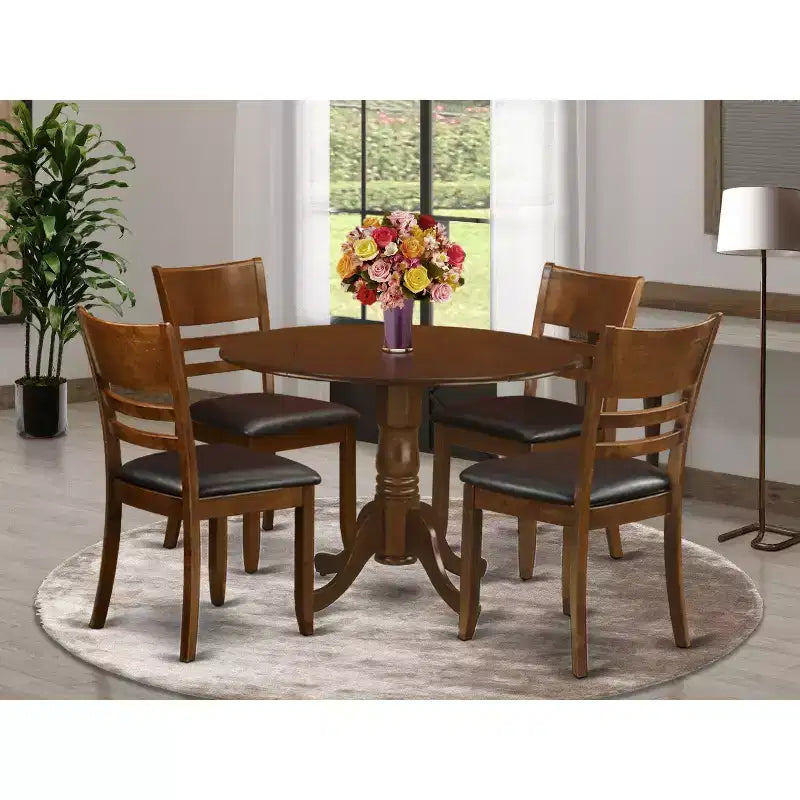 HomeStock Belmont Dinette Table With 2 Drop Leaves And Leather Kitchen Chairs, Espresso