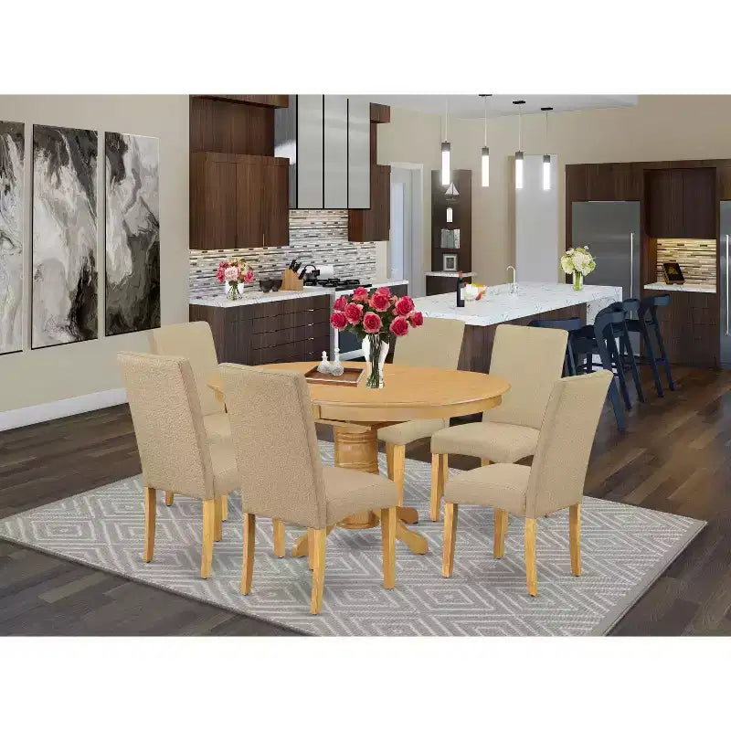 HomeStock Belmont 7Pc Oval 42/60 Dinette Table With 18 In Butterfly Leaf And 6 Parson Chair With Oak Finish Leg And Linen Fabric- Dark Khaki Color